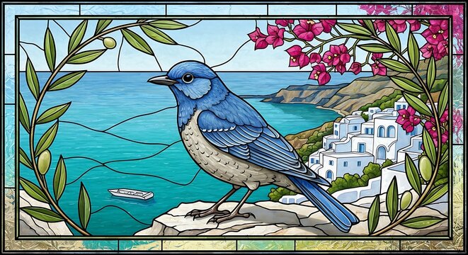 a Blue Rock Thrush on a limestone cliff, 16:9 ratio. Bird in dusty blue and gray. Background shows the turquoise Mediterranean sea, white-washed houses, and bougainvillea flowers. Sky is a pale midday