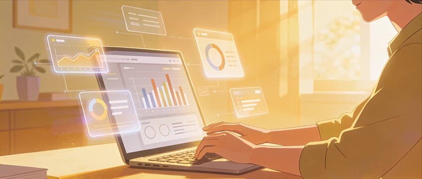Data analysis business report laptop computer for remote work with digital chart growth graph and pie chart modern office sunlight boosting productivity and professional business analytics dashboard