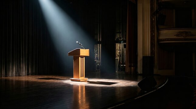 Podium in the spotlight, waiting for a speaker. The scene exudes anticipation and the promise of knowledge shared