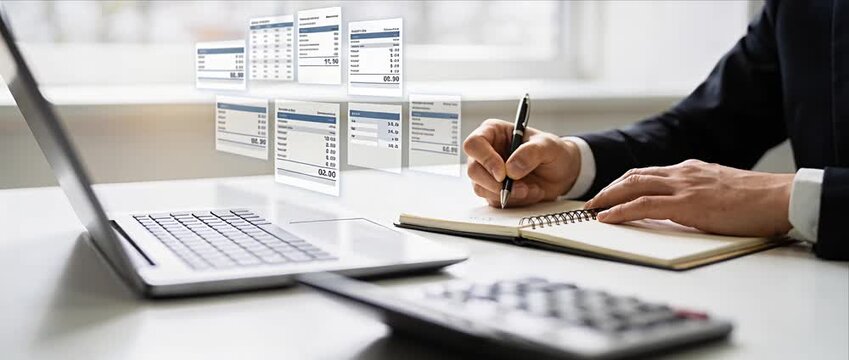 Business finance accounting report office desk laptop computer calculator notebook data analysis concept planning professional budget corporate workplace financial tax document focus