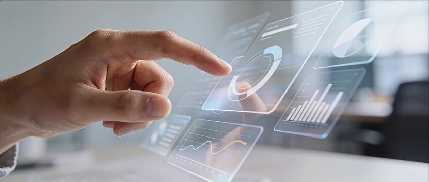 Futuristic technology interface business data analysis analytics digital dashboard interface technology hand touch screen virtual screen analytics dashboard innovation modern office user experience