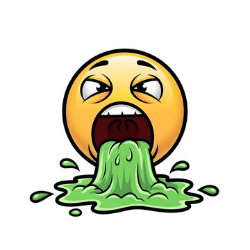Cartoon emoji character vomiting green liquid.