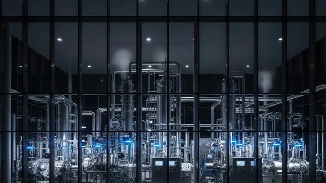 Inside Modern Industrial Facility Complex System Of Stainless Steel Machinery Is Seen Through Large Window Conveying The Processes Happening Within Its Use In Manufacturing Research