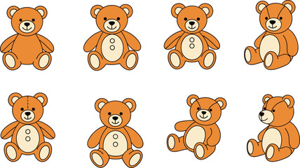 Obraz premium Cute Teddy Bear Cartoon Character Set with Different Sitting Poses and Expressions, Adorable Plush Toy Illustration Collection for Kids, Stickers, Nursery, and Baby Designs