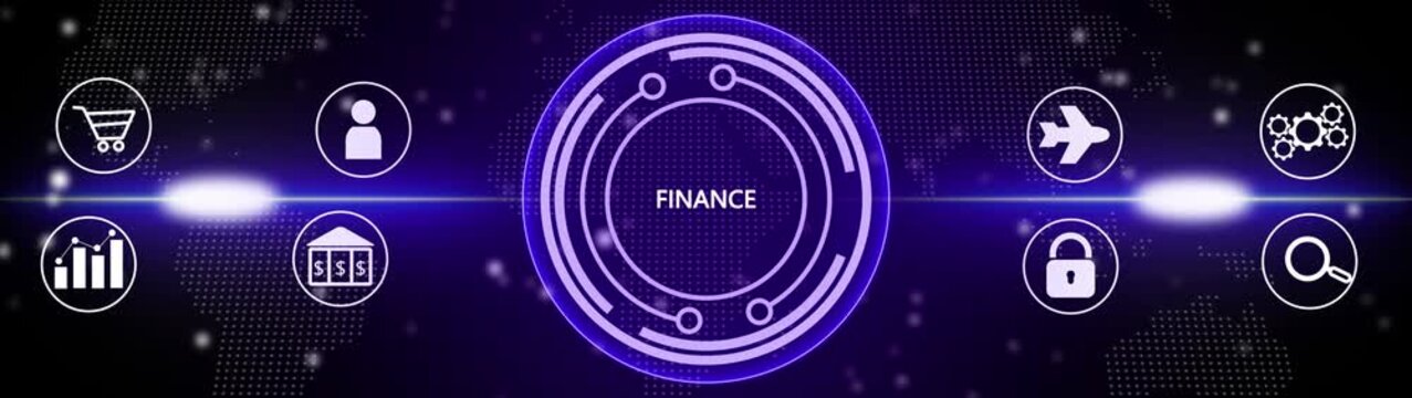 Dark blue digital screen with a glowing purple circular interface showing the word FINANCE in the center, surrounded by for business and technology on a map backdrop
