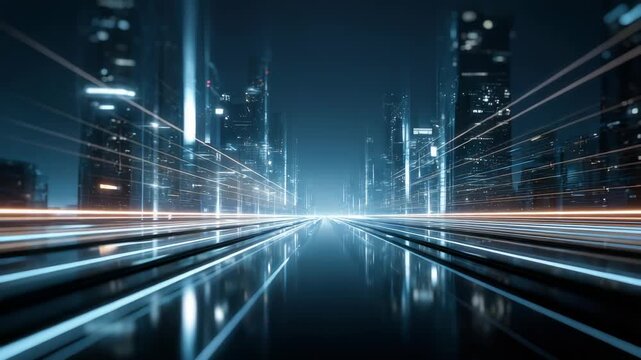 A vibrant futuristic city skyline glows with neon lights and digital effects, representing innovation and progress. The illuminated streets and skyscrapers evoke a sense of advanced urban life