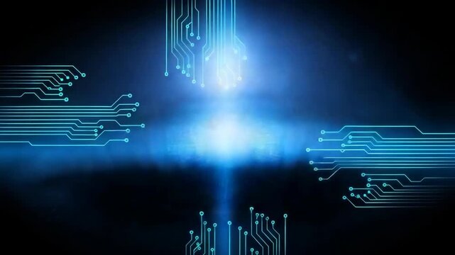 Close-up Of Human Eye Is Digitally Rendered With Circuit Board Lines Showcasing Futuristic Concept Of Ai Technology On Dark Blue Background For Use As Background Illustration