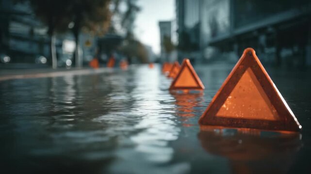 Orange warning triangles stand in a flooded city street, reflecting on the water and signaling caution. Urban flooding and severe weather create hazardous conditions for traffic and pedestrians