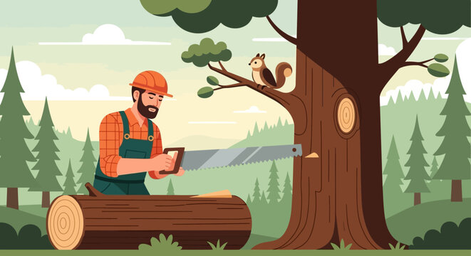 Lumberjack cutting tree with handsaw in forest illustration