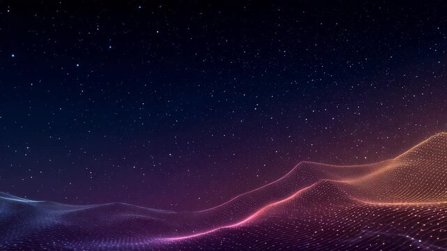 Vibrant neon lines form a digital terrain beneath a sparkling star filled sky, symbolizing modern technology and limitless imagination. Ideal for backgrounds, presentations, and tech themes