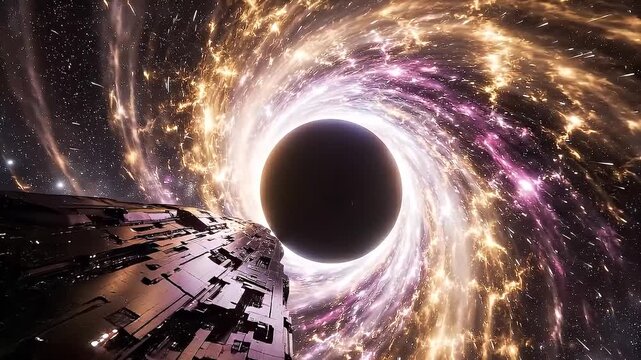 Futuristic spacecraft approaches a powerful black hole, its luminous accretion disk swirling intensely. Illustrates cosmic exploration, gravity, and deep space mysteries
