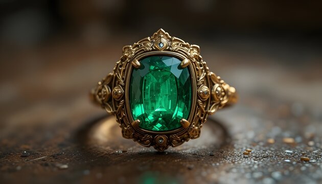 Antique gold ring with green emerald stone, vintage style, warm lighting