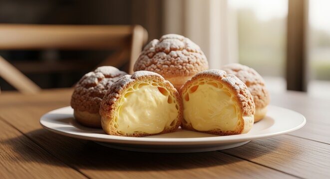 Close-Up of a Freshly Baked Delicious Cream Puff Filled with Rich Custard Cream