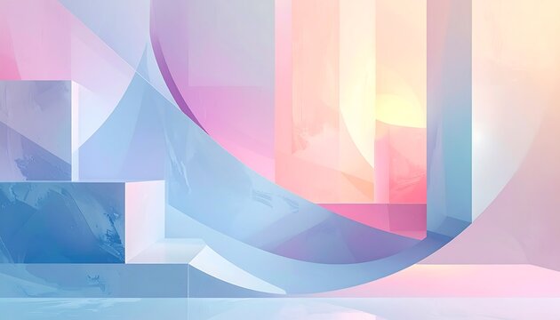 A colorful abstract scene with geometric shapes and pastel hues
