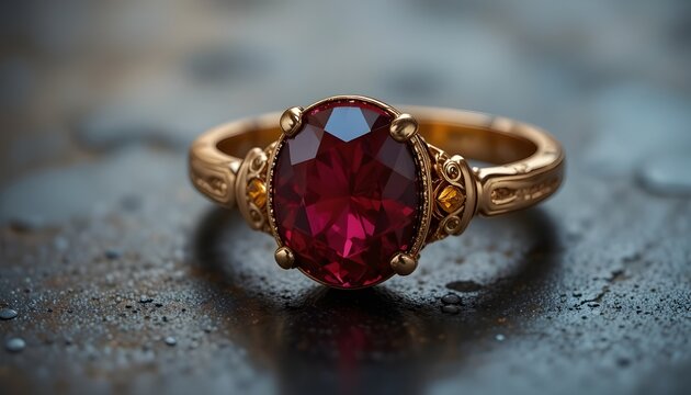 Gold ring with red ruby gemstone, rich tones, elegant product photography