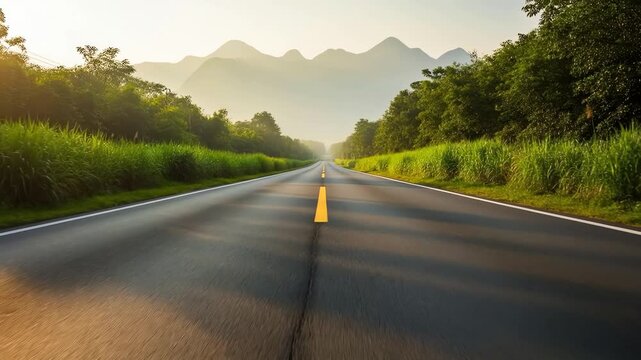 Beautiful long open road stretching into foggy mountain horizon