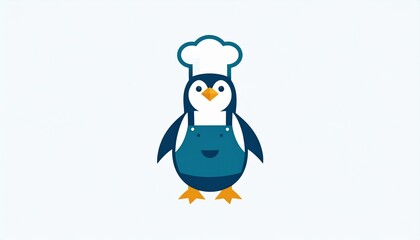 Fototapeta premium Charming chef penguin cartoon mascot illustration, a delightful and bold emblem perfect for culinary ventures, restaurant branding, and cooking-themed projects