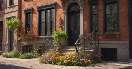 Fototapeta premium Spring blooms on brownstone streets, vibrant flowers entwine historic facades, neighborhood, greenery, historic buildings