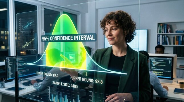 Professional woman analyzing glowing statistical data on a transparent screen in a modern illuminated office at night with colleagues working