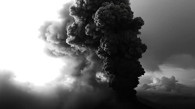 A dramatic highcontrast volcanic eruption spews massive smoke and ash into the atmosphere.