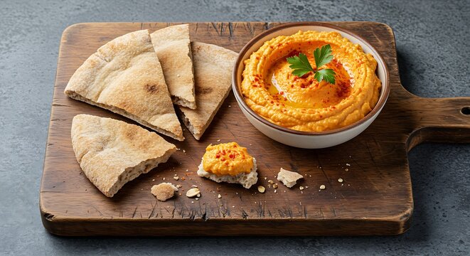 A wooden board with a cut, whole-grain pita bread broken into pieces for dipping next to a bowl of fresh,red bell pepper hummus.