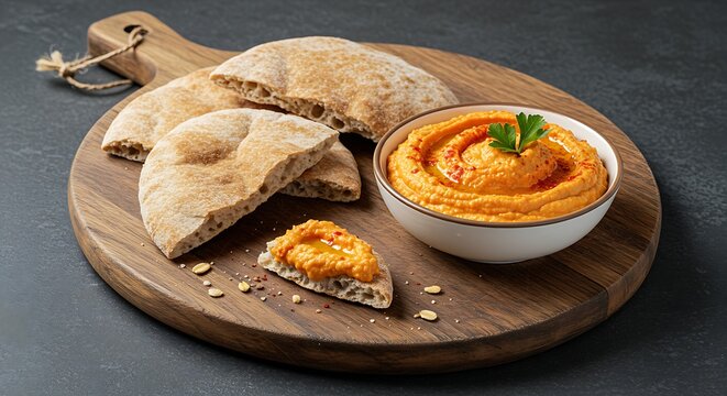 A wooden board with a cut, whole-grain pita bread broken into pieces for dipping next to a bowl of fresh,red bell pepper hummus.