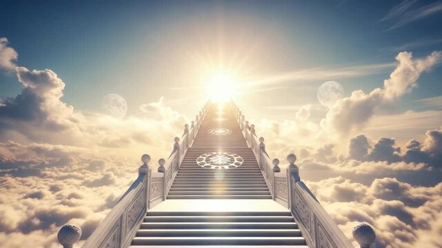 Celestial Staircase Ascending To Bright Light In The Sky With Clouds In The Background Possibly Used For Spiritual Inspirational Concepts