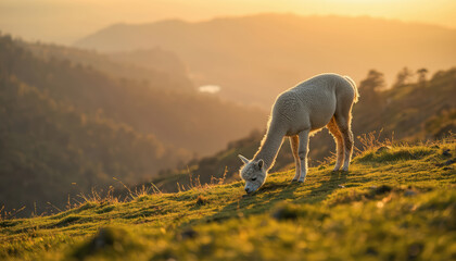 Fototapeta premium Alpaca grazing on grassy hillside at golden sunset, serene warm light