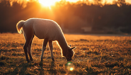 Fototapeta premium Alpaca grazing golden hour pasture peaceful light backlit woolly animal