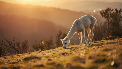 Fototapeta premium Young alpaca grazing on sunlit hillside at golden hour with warm valley background