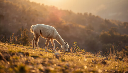 Fototapeta premium Alpaca grazing hillside sunset warm light pastoral scene calm