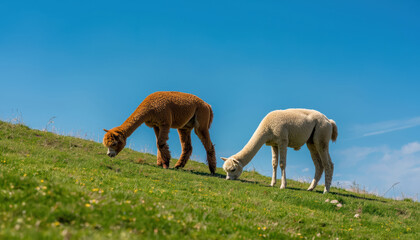 Fototapeta premium Two alpaca grazing on green hillside pasture under blue sky
