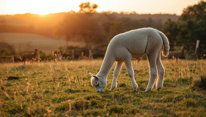 Fototapeta premium Young alpaca grazing in golden hour pasture with warm light