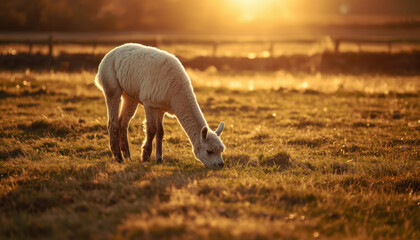 Fototapeta premium Alpaca grazing in golden hour light with warm backlight and peaceful mood