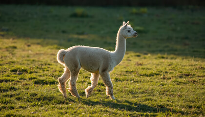 Fototapeta premium Young alpaca walking across sunlit pasture with gentle golden shadows