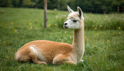 Fototapeta premium Alpaca resting in green pasture with soft natural light and peaceful mood