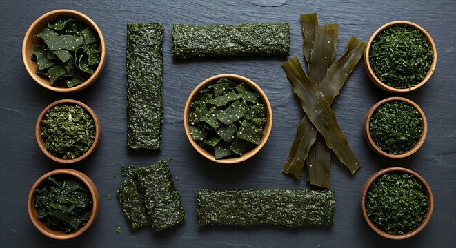 A stunning flat lay of a variety of seaweed snacks arranged creatively on a dark stone background,emphasizing minerals.