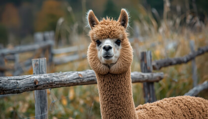 Fototapeta premium Brown alpaca portrait near wooden fence in autumn field looking curious warm calm