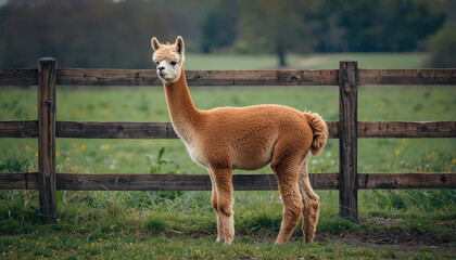 Fototapeta premium Alpaca brown fence field rural animal standing calm