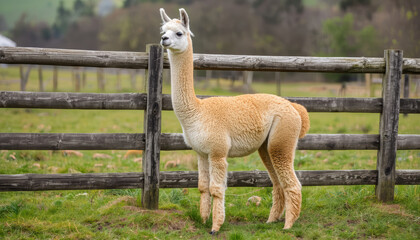 Fototapeta premium Alpaca standing near wooden fence in rural field, fluffy coat and alert expression