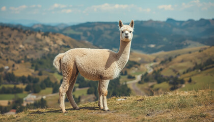 Fototapeta premium Alpaca standing on hill with scenic mountain valley background calm natural light