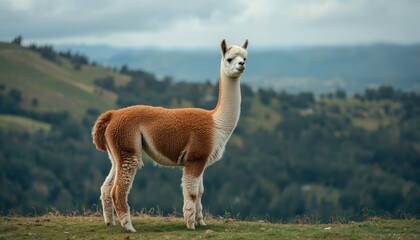 Fototapeta premium Alpaca brown white standing hill with scenic rolling hills and cloudy sky, peaceful pastoral