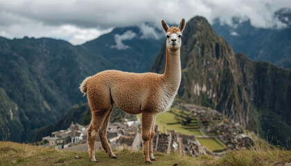 Fototapeta premium Alpaca mountain llama pasture scenic Andes standing on hill with ancient stone terraces