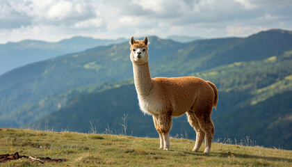 Fototapeta premium Alpaca brown alpaca standing hill scenic mountain pasture calm gaze