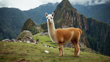 Fototapeta premium Alpaca brown standing on grassy hill with ancient mountain terrace backdrop, calm natural scene