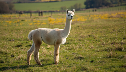 Fototapeta premium Alpaca young white standing in grassy field with distant fence and rolling hills