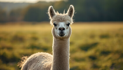 Fototapeta premium Young alpaca standing in field with soft natural light and shallow depth of field