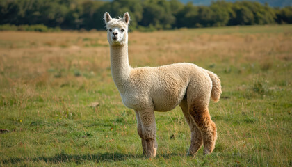 Fototapeta premium Cream alpaca standing in grassy field with soft natural light, calm expression
