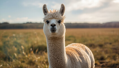 Fototapeta premium Alpaca standing in sunlit field with soft fur and gentle expression