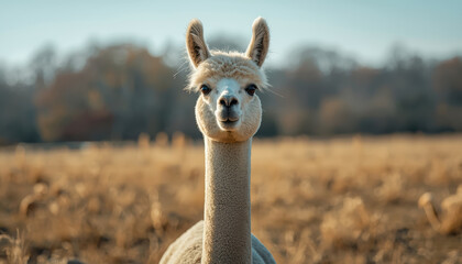 Fototapeta premium Young alpaca standing in golden field with soft natural light and calm expression